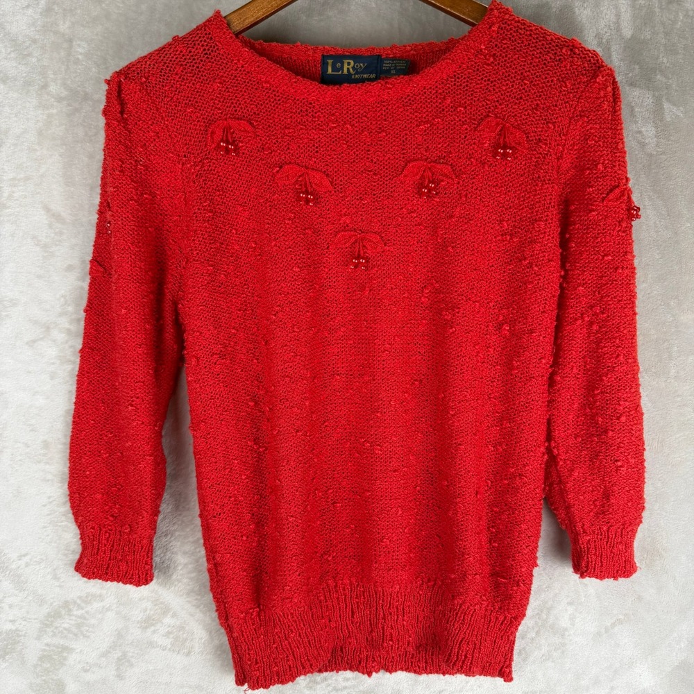 LeRoy Knitwear Vintage Red Cherry Beaded Textured Sweater XL 3/4 Sleeve Pullover